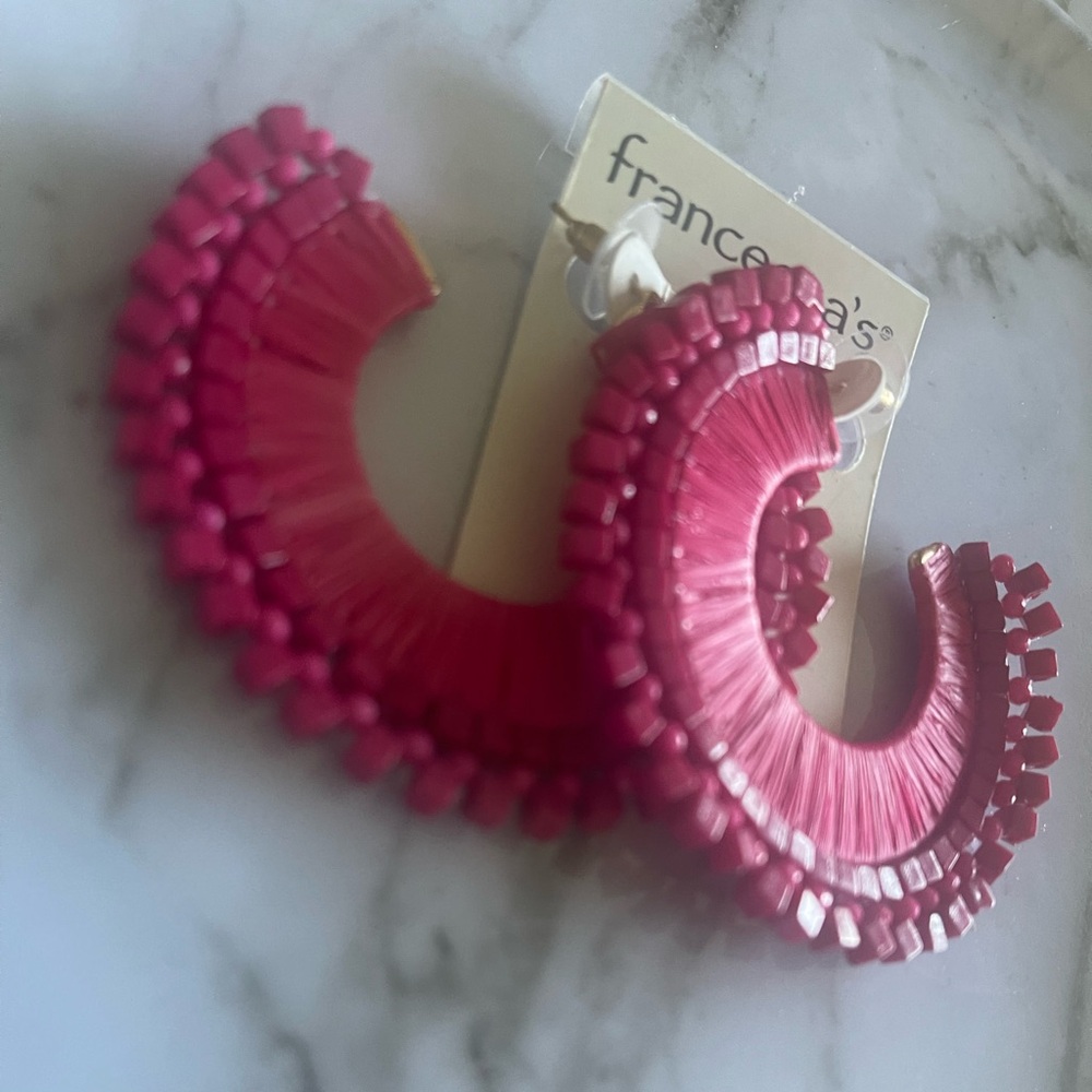 Pink Semi Raffia & Beads Hoop Earrings - Picture 2 of 2